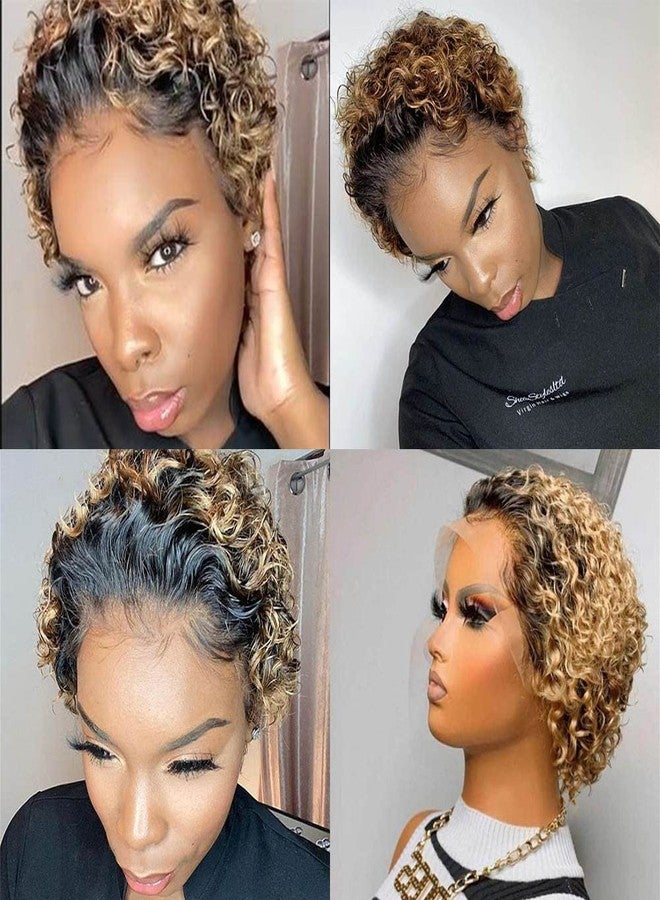 Ali Bling Blonde Pixie Cut Wig - 13X1 Pixie Cut Lace Front Wigs - Short Curly Human Hair Wigs for Black Women - Pre Plucked Glueless Wigs - Ombre Brown Highlight Wigs - Image 2